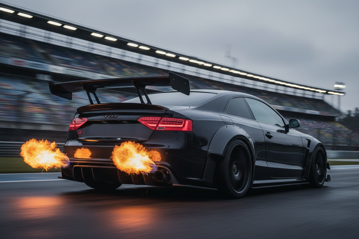 Audi a5 TFSI with flames coming out exhaust with a full body kit, inclduing spoiler, diffuser, side skirt, splitter and more.